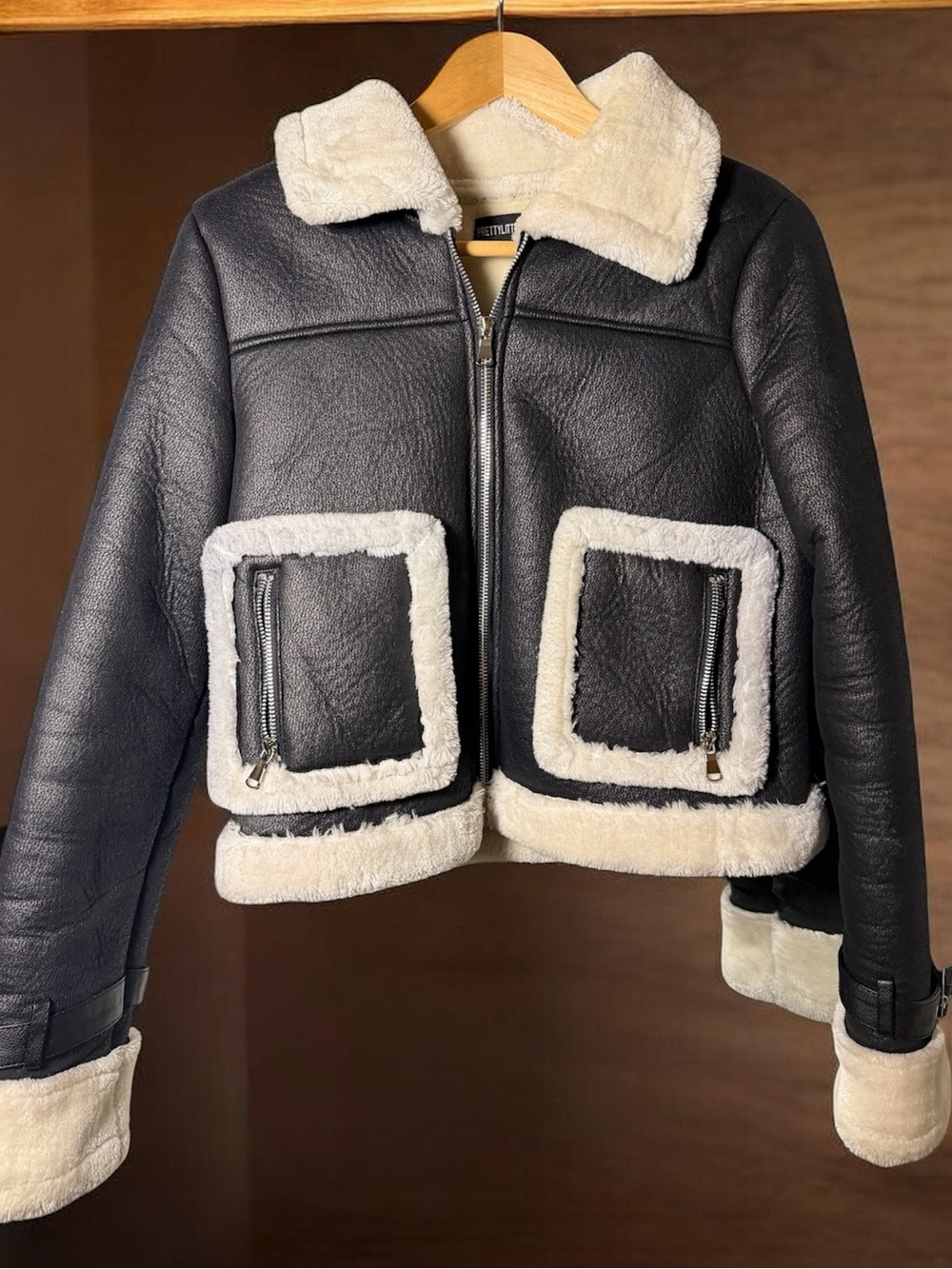 PrettyLittleThing Faux Leather Shearling Aviator Jacket Black Cream Size US 0